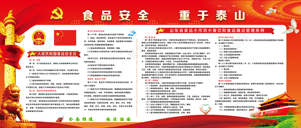 食品安全重于泰山 红色国旗国徽下的食品安全法管理条例宣传